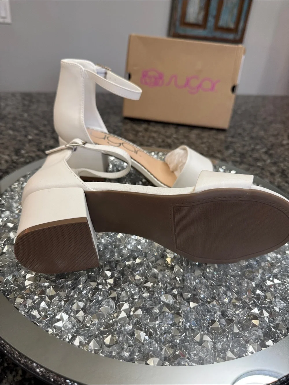 Sugar White Ankle-Strap Block Heel Sandals NEW 7.5